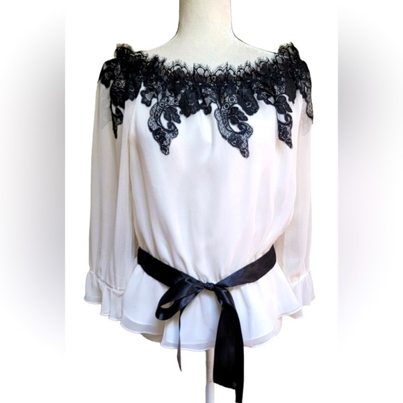 Victor Costa Ivory Silk Black Lace Off-Shoulder Elegant Peasant Blouse - Picture 2 of 10